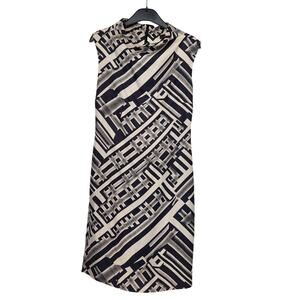 Pauw Amsterdam Cream & Black Silk Geo Print Mock Neck Mod Shift Dress Women 1 Sm